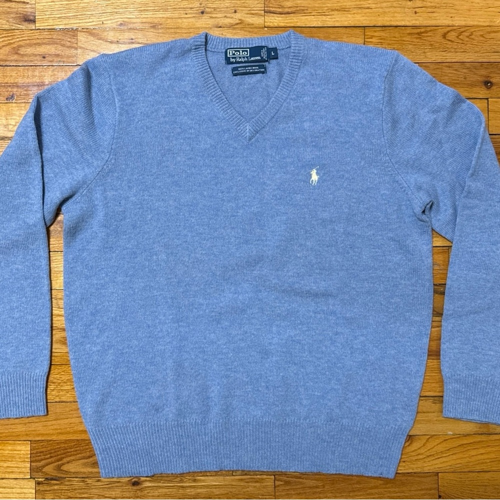 Polo by Ralph Lauren Men's 100% Lambs Wool Heather Blue  V Neck Sweater Size XL